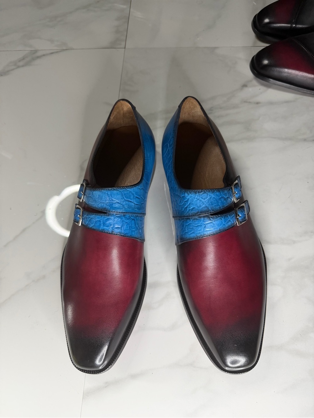 Men's Double Monk Strap Oxfords in Burgundy and Blue